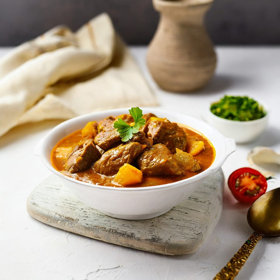 A white bowl of Indian lamb curry with potatoes, garnished with parsley, on a white wooden board.