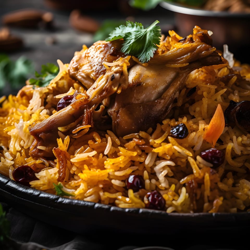 Close-up of Indian chicken biryani with rice, raisins, and cilantro in a dark bowl.